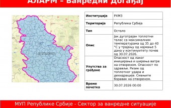 Јак дуготрајан топлотни талас са максималним температурама од 35 до 40 °С у трајању од најмање 5 дана у континуитету почев од 30.07.2026.