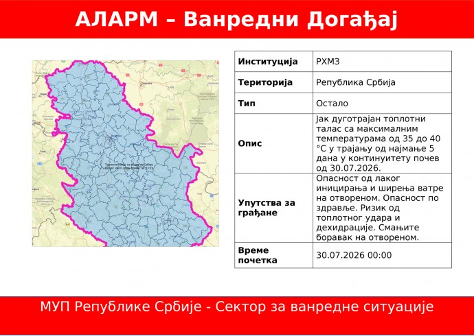 Јак дуготрајан топлотни талас са максималним температурама од 35 до 40 °С у трајању од најмање 5 дана у континуитету почев од 30.07.2026.